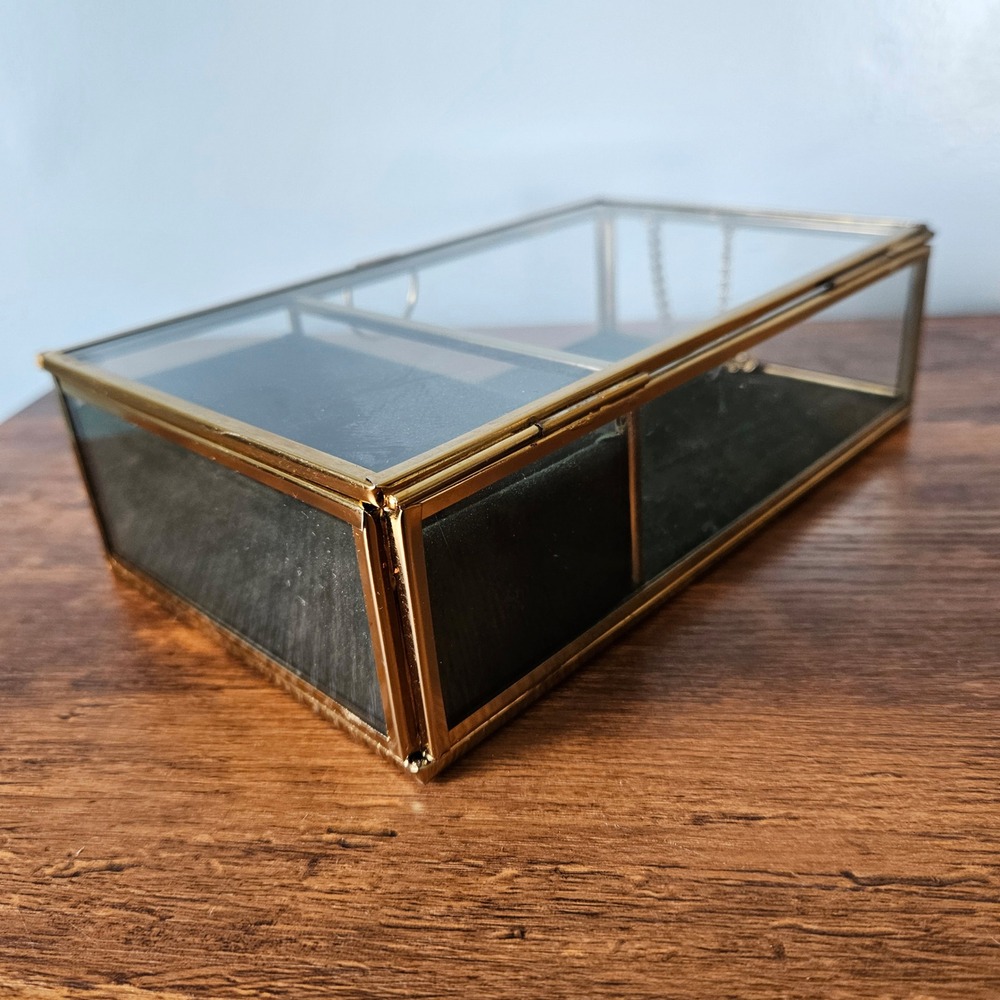 Brass Gold Glass Jewelry Box Green Velvet Lining 2 Compartment Trinket Case - Picture 6 of 6
